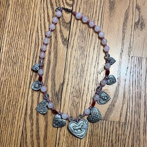NWOT EUC Pink Red Beaded Heart Charms Necklace Dove Sun Angel Valentine’s Day